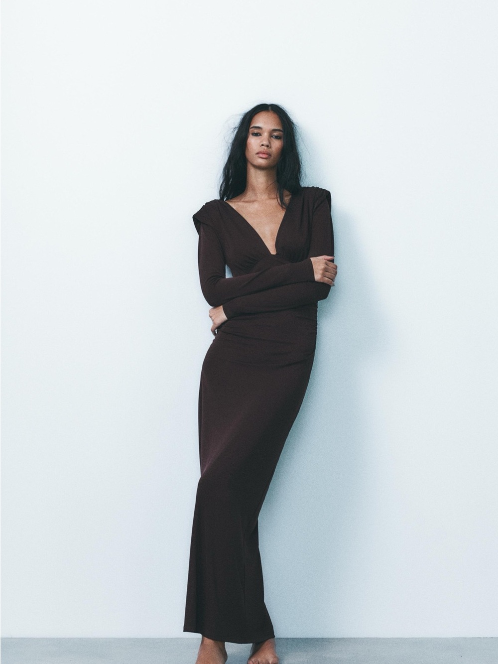 Zara Dark Brown Long Sleeve V-Neck Maxi Dress